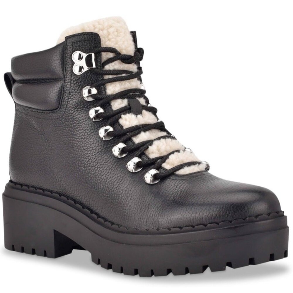 Marc Fisher Black Leather LTD Nairy Sherpa Lined Lace Up Hiking Boots Size 8 NEW